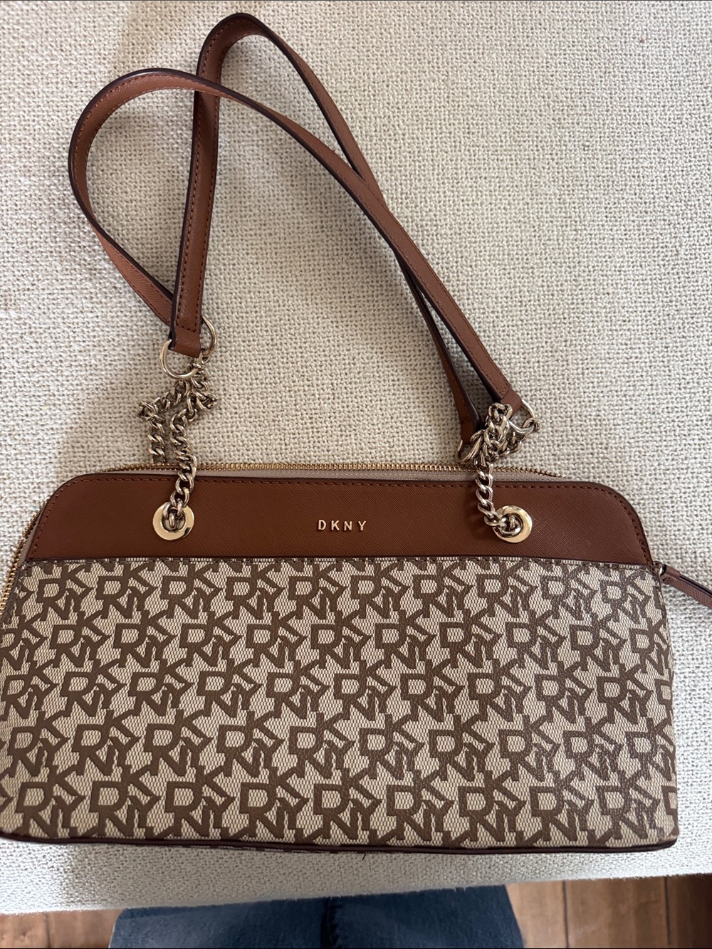 DKNY Brown Monogram Shoulder Bag with Chain-Strap